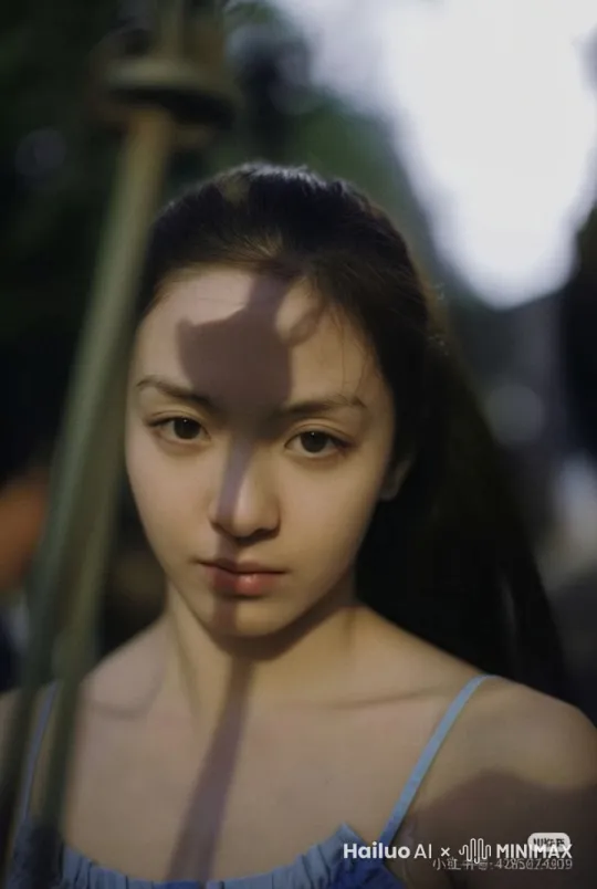 镜头固定，女孩脸左侧棍子和脸上的阴影向左侧移动出画面 by Hailuo AI Video Generator