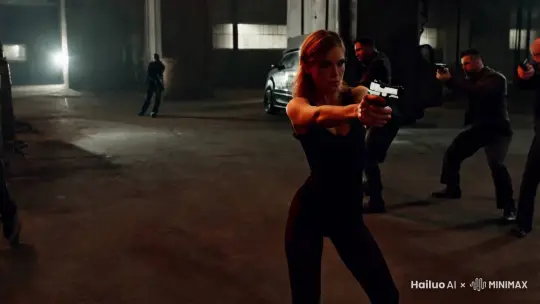 黑丝美女和敌人枪战，敌人用子弹射中美女的胸部，美女中弹倒在地上流血死亡 by Hailuo AI Video Generator