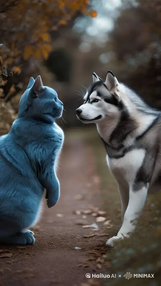 蓝猫以极快的速度用爪子打狗的脸部，狗快速躲闪，猫则以灵活的身法追加攻击 by Hailuo AI Video Generator