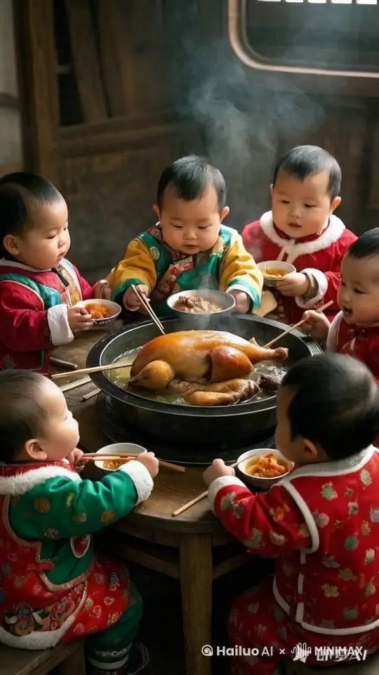 桌子上的鸭子动起来、生长羽毛、长翅膀、站起来、长开翅膀飞走、吃饭的宝宝都惊呆了、宝宝们跳起来追捉鸭子、人脸不变形 by Hailuo AI Video Generator
