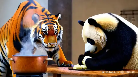 东北虎和熊猫一起包饺子，东北虎烧水，熊猫包饺子一起煮饺子，吃饺子 by Hailuo AI Video Generator