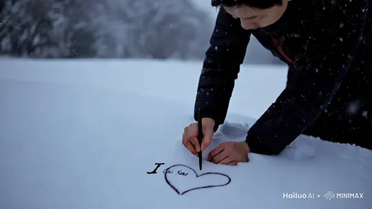雪地写字蔡徐坤在旁边再画一个爱心在下方写一个I love you而且要下雪 by Hailuo AI Video Generator