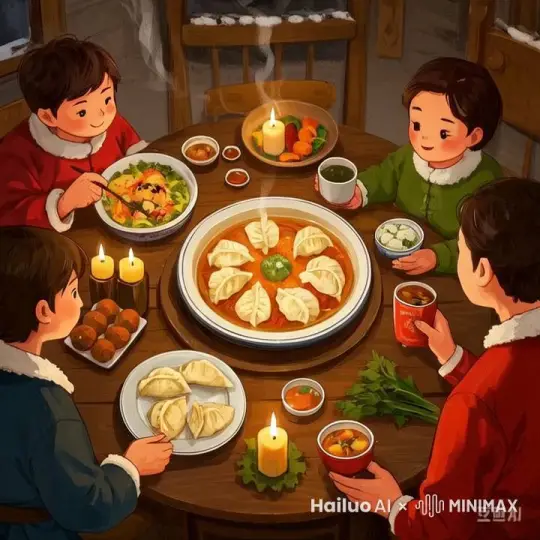 一家人吃饺子，桌上的烛光摇摆，图中的人物各自有说有笑，在欢乐的吃着饺子 by Hailuo AI Video Generator