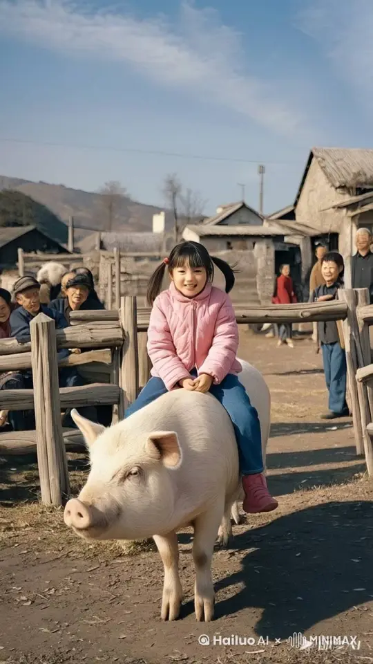 镜头移动，母猪在场地中上蹿下跳、疯狂跑动，小女孩紧紧骑在母猪身上 by Hailuo AI Video Generator