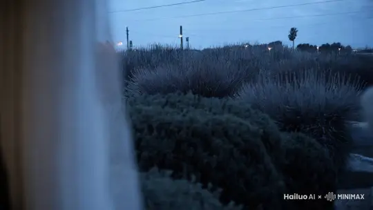 在一个清晨的窗户边，窗外能看见灰绿色的灌木，隐约的路灯和微微发白的天空，镜头缓缓后移到室内，白色的窗帘微微飘动，镜头定格，一位穿着银色睡衣的女性靠在窗户边正在打电话，表情从平静到开心，画面色调灰暗，色彩低饱和。 by Hailuo AI Video Generator