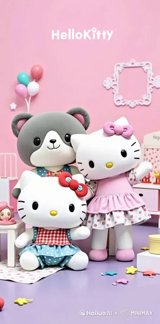 hallo kitty 和小熊在粉色房间中玩耍 by Hailuo AI Video Generator