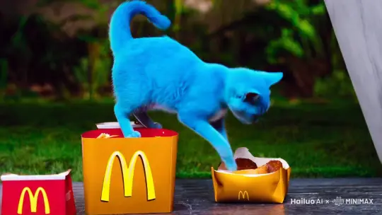 一只会站立的蓝色猫咪吃着麦当劳 by Hailuo AI Video Generator