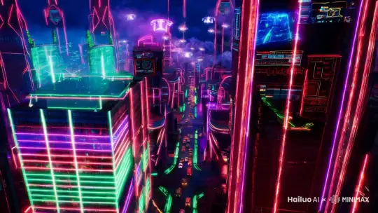 "电影级赛博朋克风格，画面展现科技力量的未来都市，充满高科技与赛博氛围。背景以夜晚的霓虹灯城市为主，充满动态光效与数字特效，突显未来科技的冷酷与炫目。

场景设计
背景：赛博朋克风夜晚都市，充满霓虹灯的高楼，建筑外墙覆盖巨型广告屏，展示动态数据流、AI界面和科技元素。街道被雨水浸润，地面反射霓虹灯光，空气中漂浮微弱的霾与粒子特效，增强赛博氛围。
整体基调：深蓝、紫红、荧光绿为主色调，背景灯光强烈但不刺眼，凸显科技冷艳感。
动态元素
开场画面（0~2秒）：高角度俯瞰赛博朋克都市，画面展示密集的霓虹灯高楼与繁忙的飞行汽车。动态光流特效勾勒出建筑轮廓，数字代码雨在背景垂直流动。

镜头缓缓俯冲，聚焦于城市核心区的高科技设施，建筑顶层展示全息广告屏，播放动态数据与科技符号。
核心画面（2~4秒）：镜头转向街道视角，街道两旁是未来风格的商铺与科技展台，地面充满反射效果。自动行驶的飞行汽车从镜头前掠过，画面中出现数字化人类形象，动态特效覆盖其肢体（如荧光线路与增强现实界面）。

镜头环绕动态展示街道上的科技元素，如全息投影广告、自动化机器人和悬浮配送无人机。
高潮画面（4~6秒）：镜头上升至高空，全景展示城市整体的赛博朋克风格科技网格，画面中心的高塔散发出强烈的蓝色光束，光束连接天空中的网络节点，象征未来科技力量的聚合与传递。

光影与特效
动态光效：霓虹灯和全息投影的光效是画面核心，随镜头运动展现强烈的赛博科技感，颜色偏荧光紫、蓝、绿，营造冷酷与神秘氛围。
粒子与特效：画面中添加细腻的雨滴反射、空气粒子漂浮、轻微烟雾，增强科技都市的沉浸感与未来感。
数字界面特效：高楼和人物身上覆盖流动的代码雨、AR界面和动态数据流，象征科技的无处不在。
镜头动态
开场为高角度城市全景俯瞰，动态推进。
中段镜头切换至街道低角度，展示细节科技元素。
最后镜头缓慢上升，展现未来都市的整体科技网络，并定格在光束连接的科技高塔。
整体效果
视频通过赛博朋克风的霓虹灯都市、动态科技元素、复杂光效与粒子特效，传递冷酷而炫目的未来科技力量。画面层次分明，动态特效流畅，镜头语言突出沉浸感与未来感，打造高科技的视觉冲击力。" by Hailuo AI Video Generator