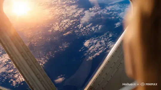 从太空的空间站俯视地球，空间站缓缓移动，太阳的余晖映在空间站的玻璃上，地球蔚蓝蔚蓝的，看见云大海，镜头回收，照出一名女性宇航员的脸，正在专心的看着地球 by Hailuo AI Video Generator