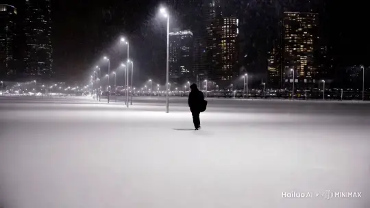 夜晚，城市，雪景，一个人在孤独的行走走的很慢，雪下的很大，镜头随人移动，昏黄的路灯，路灯很高，远处的高楼闪着点点亮光， by Hailuo AI Video Generator