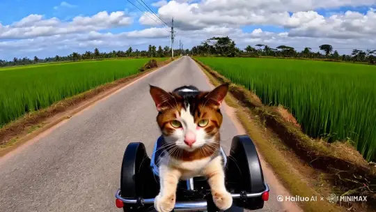 奶牛猫开着电动三轮车，在种满水稻的乡间路上行驶，正面镜头，4K画质，猫毛有丁达尔效应，蓝天白云 by Hailuo AI Video Generator