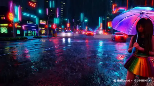 在一个赛博朋克风格的城市夜晚，天空正下着淅淅沥沥的细雨。霓虹灯在雨幕中闪烁，五光十色的光芒被雨水折射出无数个光点，仿佛整个城市在雨中舞动。灯光的颜色从冰冷的蓝色到炽热的红色，再到神秘的紫色，交织成一幅迷幻的画卷。

街道上，车辆在湿漉漉的地面上穿梭，车灯在雨中划出一道道光痕。车流不息，车轮碾过水洼，溅起的水花在霓虹灯的映照下如同宝石般闪烁。偶尔有车辆急驰而过，留下短暂的轰鸣声，随后又被雨声所掩盖。

在这片赛博朋克的城市背景中，一位二次元风格的女子站在街头。她身着一袭紧身而时尚的服饰，色彩鲜艳，与周围的霓虹灯相得益彰。她的头发在雨中微微飘动，发梢闪烁着细小的水珠，仿佛每一滴雨水都在为她增添光彩。

她撑着一把透明的雨伞，伞面上反射着周围的霓虹灯光，形成一个五彩斑斓的光环。她微微侧头，目光透过雨帘，静静地注视着你。她的眼神中带着一丝神秘和好奇，仿佛在审视这个雨夜中的不速之客。 by Hailuo AI Video Generator