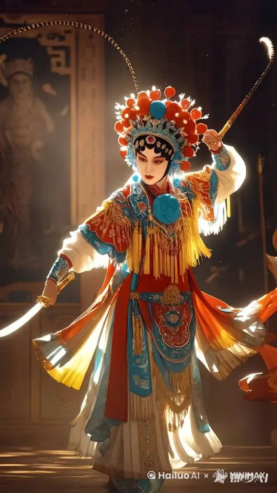 演员演唱豫剧穆桂英挂帅，举手投足皆有韵味，台步扎实，水袖舞动，行云流水，刚劲有力，表情和眼神真实有感染力，眼神灵动，高清，32k by Hailuo AI Video Generator
