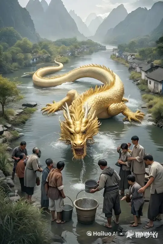 全景镜头，超高清真实摄影，8K 画质，HDR 效果，焦距拉宽，展示出一个宁静祥和的中国农村村庄。一条清澈见底、浅浅的小溪悠悠地从村中穿过，溪水在阳光下泛着细碎的光芒。一只侧卧在小溪中的白色似龙生物被一大群中国农村的人团团围在中间。人群的核心位置，一位身材高大、面容憨厚的中年男子双手稳稳地拿着一个装满清水的破旧铁桶，目光中透着关切。这条龙有着修长且闪耀着光泽的带鳞片身体，它表情痛苦凄惨，嘴巴大大地张开，露出尖锐锋利的牙齿，眼神中充满了无助。村庄里的房屋是传统的青砖黑瓦房，墙壁带着岁月的沧桑。地面是湿润且带着小石子的泥土 by Hailuo AI Video Generator