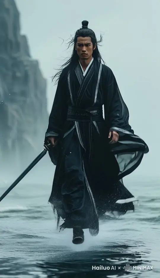 镜头缓缓拉升至航拍，人物高速在海上疾奔，脚下水花飞溅 by Hailuo AI Video Generator
