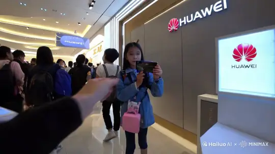 手持摄像机穿过人流，镜头捕捉到一个中国女孩在华为旗舰店购买手机，她手里拿着一台可以全息投影的手机，手机正在播放一只小狗在草地上奔跑 by Hailuo AI Video Generator