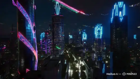 画面内容：未来都市的夜晚，霓虹灯闪烁，摩天大楼林立，飞行器穿梭其中。运镜:从下往上缓慢升起,台词：“在这赛博朋克的世界，科技与欲望交织。”	音效：充满科技感的嘈杂环境音 by Hailuo AI Video Generator