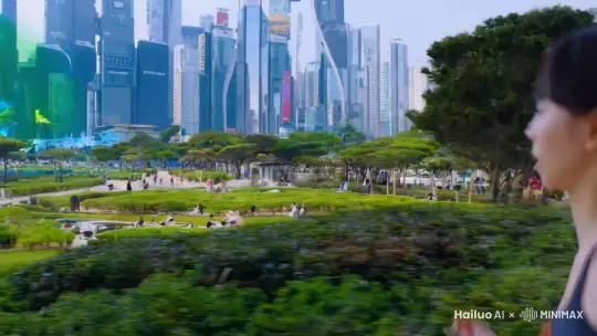 科幻可视化窗口，镜头从人物背部拍摄，跟随一个穿着运动服的黑发美女在深圳公园跑步然后遇到了机器人健身教练，并且与它打招呼。 by Hailuo AI Video Generator