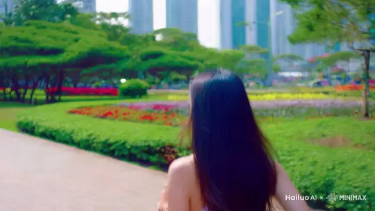 镜头从人物背部拍摄，跟随一个穿着运动服的黑发美女在深圳公园跑步，然后遇到了一个小机器人送水并且与美女打招呼。 by Hailuo AI Video Generator