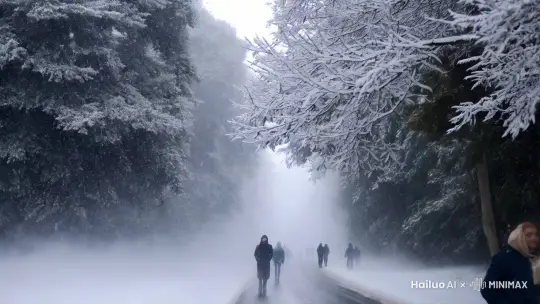 道路两旁的树被雪下的银装素裹，雪月飘越大，难以看清前面的人和路，就像以前的我们，现在我站着大雾弥漫的雪中独自一人看着那看不到的尽头 by Hailuo AI Video Generator