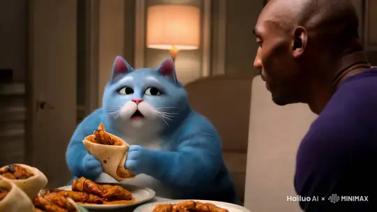 科比请蓝色的胖猫吃老北京鸡肉卷，科比对蓝色的胖猫说：“老北京鸡肉卷好吃吗？”蓝色的胖猫吃着老北京鸡肉卷说：“老大，真好吃。”科比对蓝色胖猫说：“是吗？吃完老北京鸡肉卷还要喝老北京豆汁”科比又给蓝色胖猫喝老北京豆汁，胖猫喝完老北京豆汁说：“这个老北京豆汁怎么那么腥” by Hailuo AI Video Generator