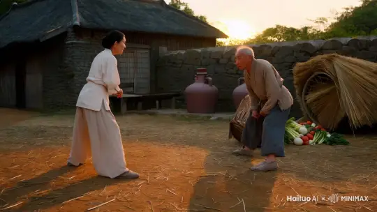 农家武斗风云
表格
镜号 时长 景别 画面 运动/变化 镜头运动 音效
1 0:00 - 0:05 全景 宁静的乡村小院,石磨、水缸错落有致,院角堆放着几捆秸秆,午后阳光洒下。70 岁的老头和 68 岁的老太太怒目而视,中间是一只打翻的竹篮,蔬菜滚了一地。 气氛剑拔弩张,蔬菜微微滚动,光影斑驳 缓缓下摇,聚焦两人 风声,蔬菜滚动声
2 0:05 - 0:12 中景 老头率先发难,他脚蹬布鞋,鞋底蹭地,带起一小股尘土,如猎豹般疾冲向老太太,右拳紧握,从腰间迅猛挥出,拳风呼啸。 老头冲刺、挥拳,尘土飞扬 镜头快速推近 蹭地声,有力的拳风声
3 0:12 - 0:20 近景 老太太眼神犀利,侧身一闪,轻盈似燕,同时左腿高高抬起,以迅雷不及掩耳之势朝着老头腰部踢去,布鞋底在空中划过一道弧线。 老太太侧身、抬腿踢击 镜头平移跟拍 风声,衣袂飘动声
4 0:20 - 0:25 中景 老头反应机敏,用左臂格挡,“砰”一声闷响,手臂肌肉紧绷。随即他借助格挡之力,身体一转,右腿如旋风般扫向老太太下盘,带起地上落叶。 老头格挡、转身扫腿,落叶纷飞 镜头跟拍扫腿动作,微微仰拍 格挡撞击声,扫腿风声
5 0:25 - 0:32 近景 老太太不退反进,弯腰下蹲,躲过扫腿,顺势用头顶向老头腹部,头扎白头巾微微颤动,力度十足。 老太太下蹲、顶头,头巾颤动 镜头静止特写顶头动作 发力的哼声
6 0:25 - 0:32 近景 老头收腹躲避,踉跄后退几步,双手在身后撑地稳住身形。老太太趁势起身,双手握拳,在胸前交叉挥舞,摆出防御反击姿态,脸上皱纹因用力更显深刻。 两人动作、姿态变化 镜头拉远,展现两人整体状态 喘息声 by Hailuo AI Video Generator