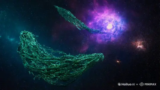 深邃宇宙，藤蔓状生物蔓延，交织着神秘光芒。
 by Hailuo AI Video Generator