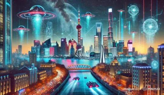 Towering skyscrapers with sleek, modern designs, glowing with vibrant neon lights of various colors.
Holographic billboards projecting dynamic advertisements and animations above the bustling city streets.
Flying vehicles navigating a high-tech skyline, casting soft lights on the buildings below.
The Huangpu River illuminated with glowing, bioluminescent water, reflecting the brilliance of the city.
The iconic Oriental Pearl Tower reimagined with futuristic upgrades, including energy fields and glowing accents.
Robotic street vendors and people wearing advanced, cyberpunk-inspired attire.
The atmosphere is alive with activity, emphasizing innovation, energy, and progress.
The scene is set during a glowing night with a starry sky, creating a dynamic, awe-inspiring view of a high-tech metropolis." by Hailuo AI Video Generator