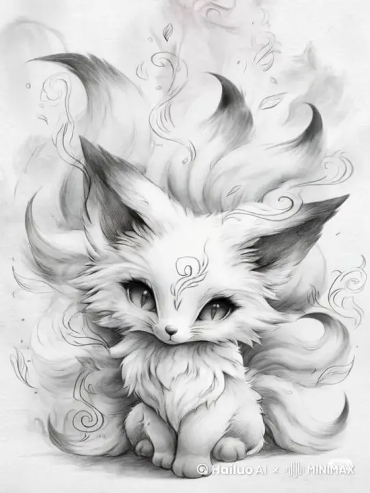 充满神话色彩的背景下，一只橙红色九尾狐呆萌神秘的朝你微笑，尾巴摇曳生姿，耳朵微微摆动 by Hailuo AI Video Generator