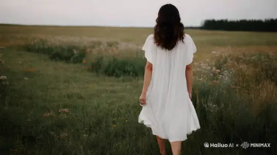 中景 人物背影，身着一件纯白色宽松短袖长裙，站在草原上，人物踮脚抬头闻头顶的花香。 by Hailuo AI Video Generator