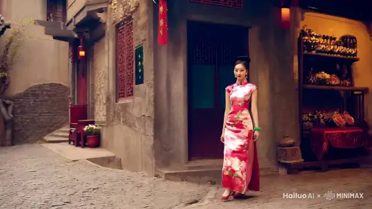 画面主体：一位具备典雅古典美的婀娜模特，身着牡丹锦缎旗袍，发髻精致，戴着翡翠手镯
场景氛围：江南古巷中，古典环境，光线柔和，弥漫着迷人氛围
主体行为：优雅地走在古巷中
构图方式：黄金分割构图，突出模特的优美姿态
艺术风格：古典华丽风格，色彩鲜艳且富有韵味
图像质量：真实摄影，高质量，超清画质，广角镜头，大光圈，专业构图，达芬奇大师后期调色 by Hailuo AI Video Generator