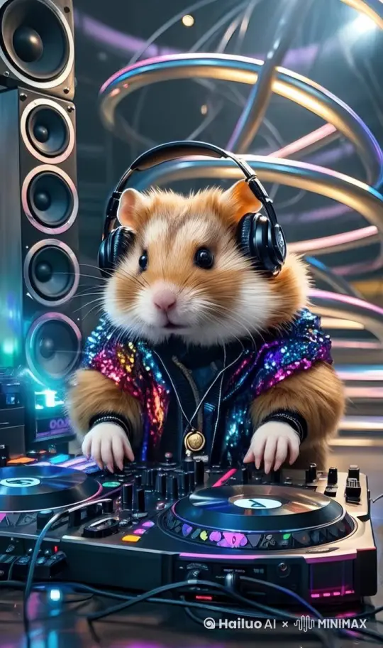 一个仓dj，全神贯注的用双手在调音台调整音乐，身体轻轻的随着音乐摇摆。 by Hailuo AI Video Generator