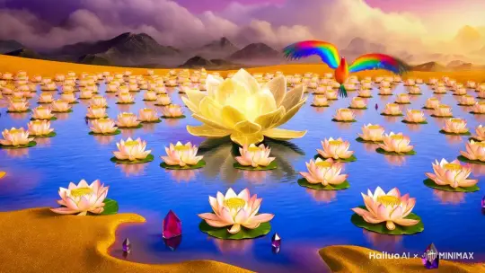 帮我生成一张图片：极乐净土莲花画面描述：

画面展现一片广阔而神圣的莲花池，池水如同透明的蓝色水晶，微微泛着金色的光芒。数百朵盛开的莲花漂浮在水面上，每一朵莲花都有硕大的花瓣，颜色渐变从纯白到柔和的粉红，花瓣边缘镶嵌着细腻的金色光线，仿佛散发着圣洁的光辉。

莲花中央，缓缓升起一朵巨大的主莲花，其花瓣仿佛由细腻的玉石雕成，晶莹剔透，花心处透出炽亮的金光，形成一道道耀眼的光环，周围散布着细小的光点，如同漂浮的星辰。

背景是广袤的天空，笼罩在一片淡紫与金色交织的霞光中，天边隐约可见飘渺的祥云，似有神秘的佛音在空中回响。远处的山峦隐没在云海之中，群鸟盘旋，七彩神鸟从云间掠过，为画面增添灵动的气息。

池边的土地是一片无垠的净土，覆盖着金色的细沙，点缀着零星的宝石与花草。整个场景静谧美好，充满了祥和与超凡脱俗的意境，仿佛置身于真正的极乐世界。比例 9:16。 by Hailuo AI Video Generator