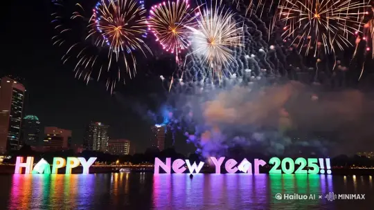 只见空中烟花显示着大大的2025年新年快乐！ by Hailuo AI Video Generator