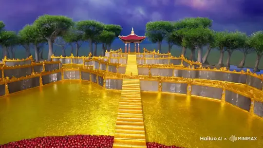 极乐国土，七重栏楯，七重罗网，七重行树，皆是四宝，周匝围绕，
极乐国土，有七宝池，八功德水，充满其中，池底纯以金沙布地。四边阶道，金银、琉璃、玻璃合成。上有楼阁，亦以金银、琉璃、玻璃、砗磲、赤珠、玛瑙而严饰之。池中莲花大如车轮，青色青光、黄色黄光、赤色赤光、白色白光，微妙香洁
极乐国土，常作天乐。黄金为地。昼夜六时，雨天曼陀罗华。其土众生，常以清旦，各以衣祴盛众妙华，供养他方十万亿佛，即以食时，还到本国，饭食经行
彼国常有种种奇妙杂色之鸟：白鹤、孔雀、鹦鹉、舍利、迦陵频伽、共命之鸟。是诸众鸟，昼夜六时，出和雅音。其音演畅五根、五力、七菩提分、八圣道分，如是等法。其土众生，闻是音已，皆悉念佛、念法、念僧
极乐国土，微风吹动诸宝行树，及宝罗网，出微妙音，譬如百千种乐，同时俱作。闻是音者，自然皆生念佛、念法、念僧之心。
 by Hailuo AI Video Generator