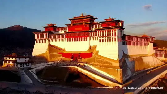 黄昏金色的阳光洒在布达拉宫上，整个宫殿都金光闪闪，要航拍视角，专业摄影级别的作品，光彩柔和，画质超高清晰 by Hailuo AI Video Generator