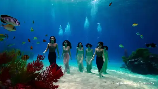7个女子在深海底行走，海里有很多鱼和植物。阳光穿透海面照射下来 by Hailuo AI Video Generator