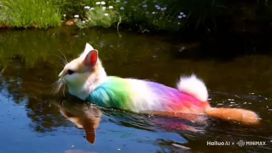 一只猫和兔子合二为一的神奇动物，在河里游泳 by Hailuo AI Video Generator