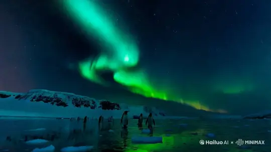 majestic aurora borealis, Antarctic glacier, emperor penguins silhouette, starry night sky, dancing lights, ice reflection, moonlit landscape, snow particles, aerial view, cinematic movement, ethereal atmosphere, natural phenomenon, polar night, crystal clear ice, dynamic light show, vast wilderness by Hailuo AI Video Generator