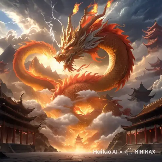 图中的龙在盘旋游动，周边的云，也在滚动 by Hailuo AI Video Generator