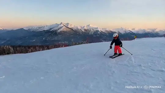 冬天的下午，一个穿着滑雪装备的小男孩，在白雪皑皑的斜坡上快速滑雪，越来越近，镜头地面跟随，背景是远处的雪山，充满活力和宁静的冬季氛围，4K清晰度，最佳质量，逼真的照明，细致的环境，光滑的雪纹理，清晰的细节。 by Hailuo AI Video Generator