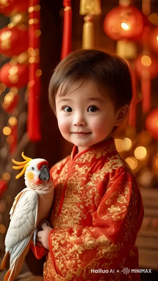 图中的白色玄凤鹦鹉看着镜头张嘴说话点点头，男孩对着镜头笑了 by Hailuo AI Video Generator