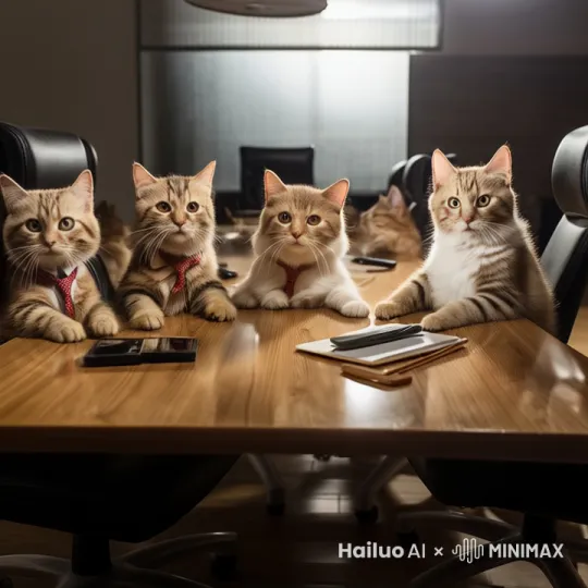 小猫咪一起伸出一只手画圈，桌子上方出现一个高速旋转的小水球 by Hailuo AI Video Generator