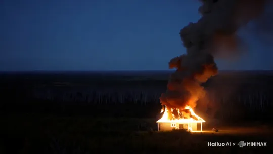 镜头固定平视，一望无际的荒野上，夜晚，一座房子着火了，浓烟滚滚，慢镜头， by Hailuo AI Video Generator