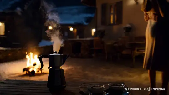 冬至的村落外面大雪纷飞，画面转到屋内，桌上的摩卡咖啡壶的咖啡刚好被煮沸腾，一对情侣在旁边拥抱接吻。 by Hailuo AI Video Generator