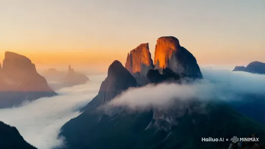 [画面1：远景，晨曦中的古老山脉，云雾缭绕]
在遥远的太古时代，天地初开，万物混沌。山海之间 by Hailuo AI Video Generator