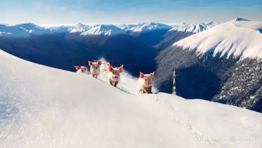 在那高耸入云、白雪皑皑的雪山之上，一群憨态可掬的小猪猪意外地出现在这冰天雪地之中。它们小小的身躯在雪地上显得如此独特而又充满活力。
 
动态镜头瞬间启动，极速跟随这群勇敢的小家伙。它们如同一支训练有素的队伍，快速向前滑行，风驰电掣般地冲下山坡。
 
镜头从侧前方紧紧跟随着，以低角度拍摄，捕捉着小猪猪们在雪地上留下的深深痕迹，雪花四溅，仿佛它们正与狂风竞速。每一只小猪猪的表情都充满了兴奋和挑战，它们的小蹄子在雪板上灵活地移动，展现出令人惊叹的技巧。
 
风在耳边呼啸，小猪猪们的欢叫声此起彼伏，它们的身影在雪山的映衬下，宛如一个个灵动的音符，奏响着属于它们的冒险之歌。这一幕，既充满了童真的欢乐，又有着无畏的勇气，仿佛是一幅梦幻般的画卷在眼前展开。
 
拍摄风格可以是充满活力的动感风格，让观众在欣赏小猪猪们的滑雪之旅时，感受到无尽的欢乐与惊喜。 by Hailuo AI Video Generator