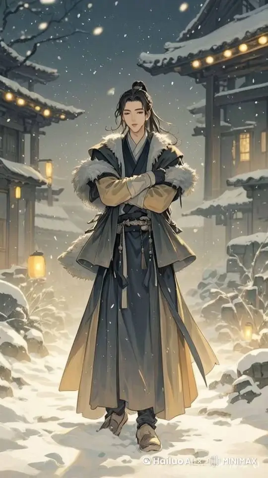 雪花纷纷飘落，男主人紧抱双臂，身体颤栗，对着镜头一步一个脚印前行，嘴巴微微动着 by Hailuo AI Video Generator