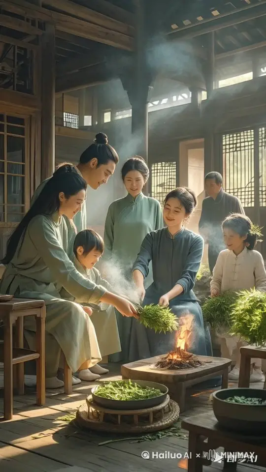 炉火烧得正旺，烟雾升起，抱着孩子的女人拿着艾草在炉火上焚烧冒着轻烟。周边的几位家人开心地有说有笑 by Hailuo AI Video Generator