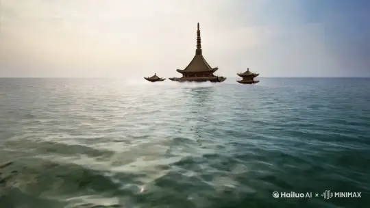 (固定机位)，(摄像机不动)，摄像机不动。固定机位。写实，海面，一座中式宫殿筑从远处的海面中浮起，带起海水从墙壁的缝隙间涌出
水面如同被无形的手轻轻拨开，开始缓缓上升，一个巨大的阴影从水下浮现出来。首先映入眼帘的是宫殿的尖顶，然后是墙面。最后宫殿的底部由巨大的石块支撑，随着宫殿的完全浮起，整个建筑在阳光下熠熠生辉， by Hailuo AI Video Generator